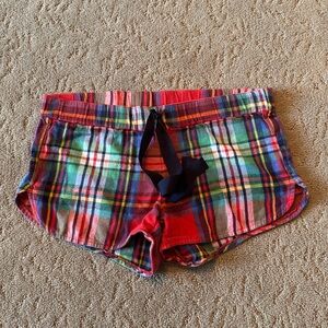 Aerie Red and Green Athletic Shorts with Plaid Pattern